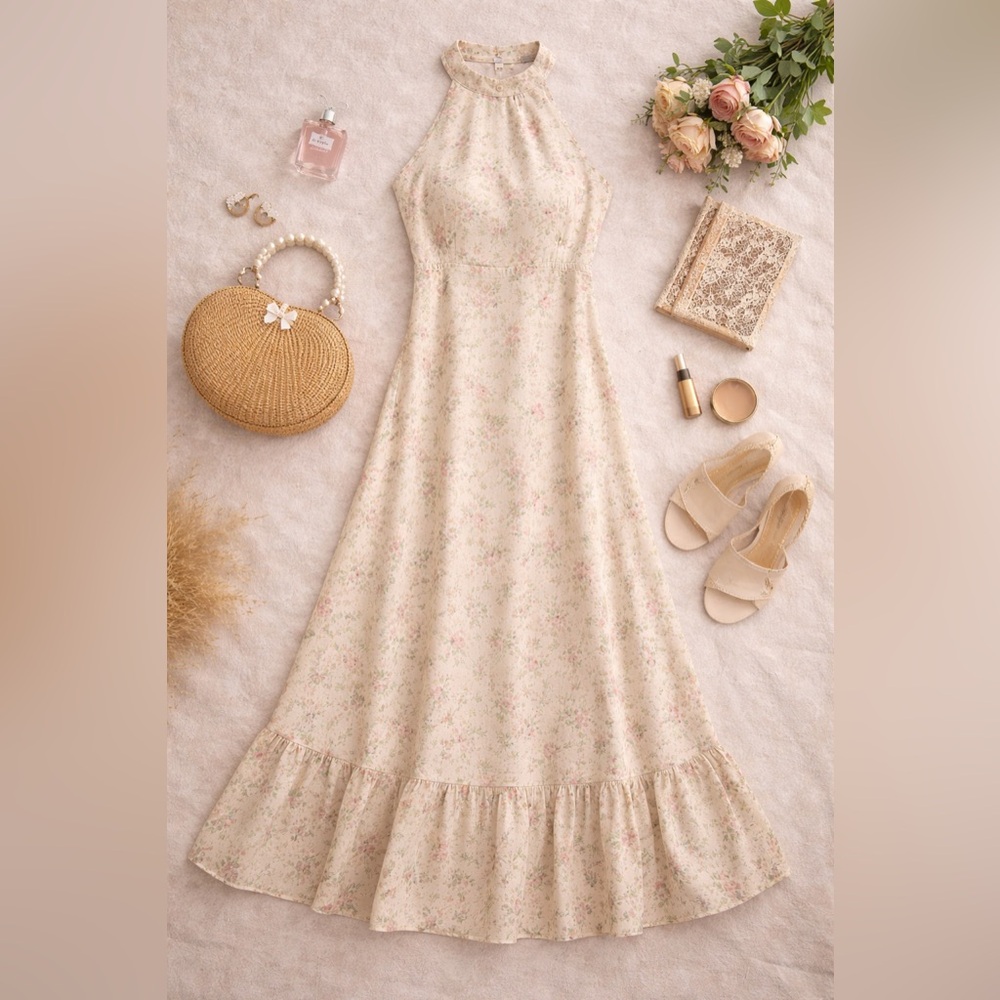 Cream Floral Maxi Dress Cottagecore Romantic Tiered Ruffle Hem Sleeveless - Picture 5 of 5